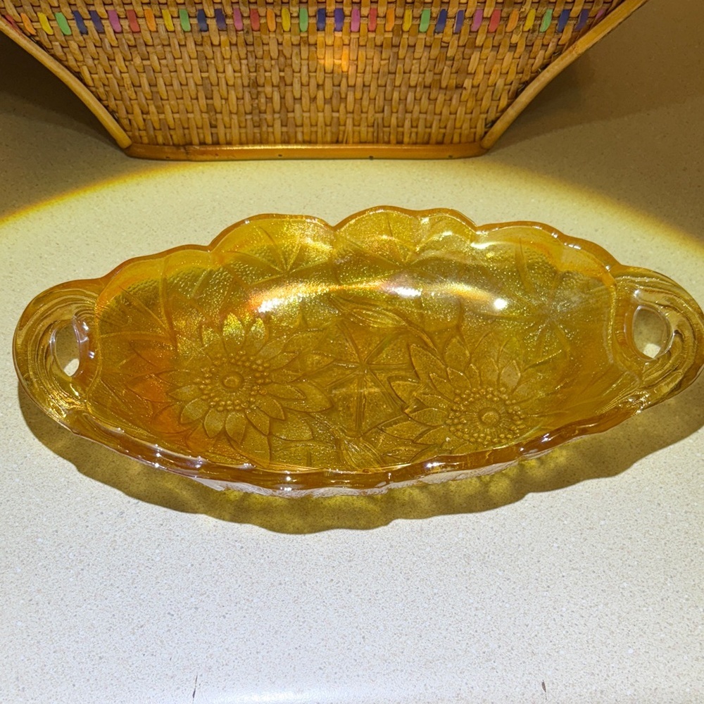 Vintage Carnival Glass Pickle Dish | Gold Lily Pons Pattern | Indiana